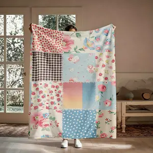 Vintage Patchwork Floral Flannel Throw Blanket, Soft Cozy Boho Cottagecore Blanket, Warm Decorative Throw for Couch, Lightweight Breathable