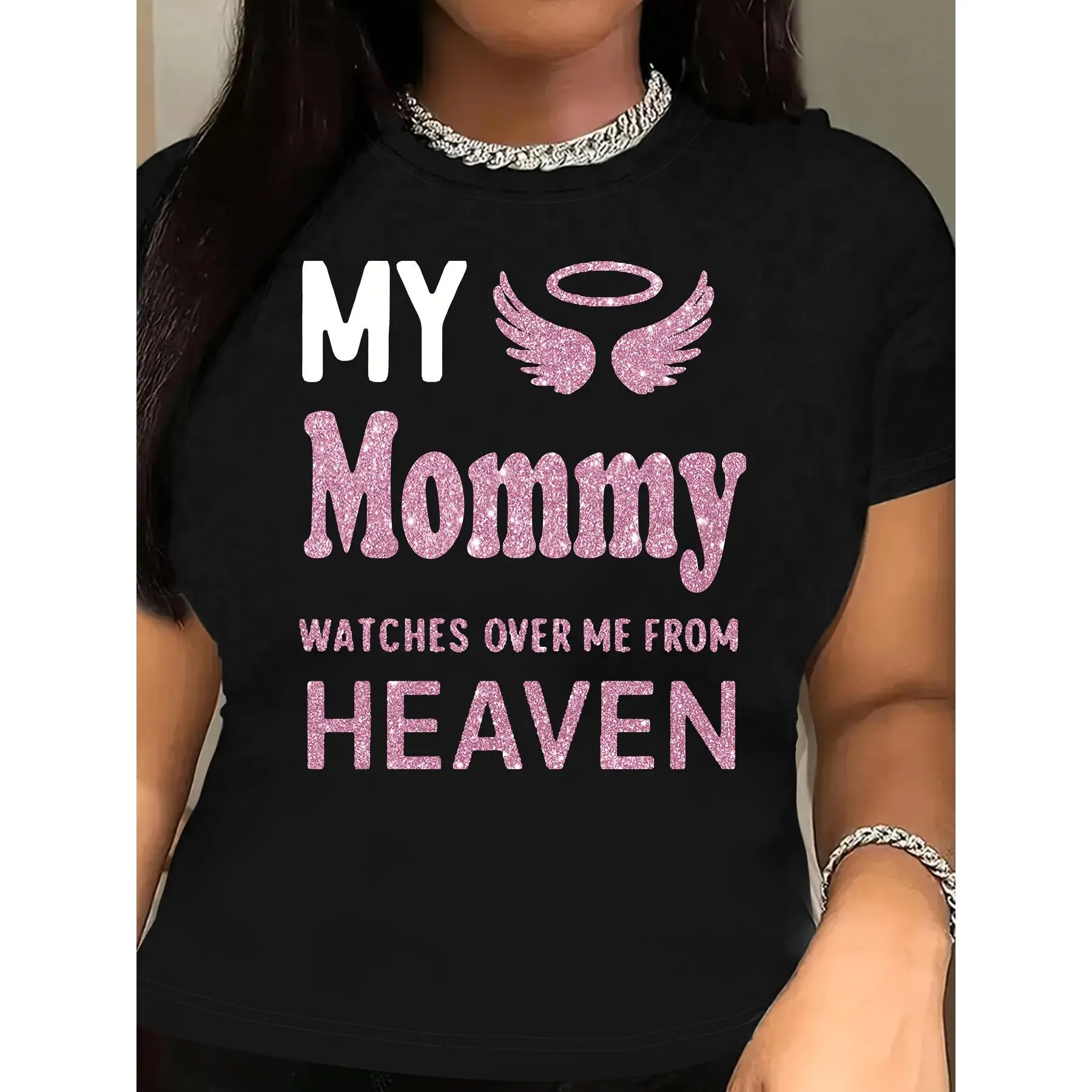 Women's Memorial T-Shirt with Angel Wings Graphic, Comfortable 100% Cotton Short-Sleeve Casual Basic Wear for Mother Loss, Shortsleeve, Lady, Soft, Tshirt, Fits, Fabric, Digital Print, Heat Transfer, Tops, Fitted, Fashion Apparel, All Seasons, Heat Printe