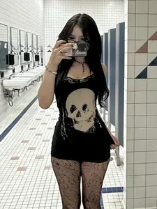 Women's Halloween Themed Skull Print Contrast Lace Bodycon Cami Dress, Street Fashion Casual Sleeveless Mini Dress for Party Club Wear, Ladies Clothes for Fall, Womenswear