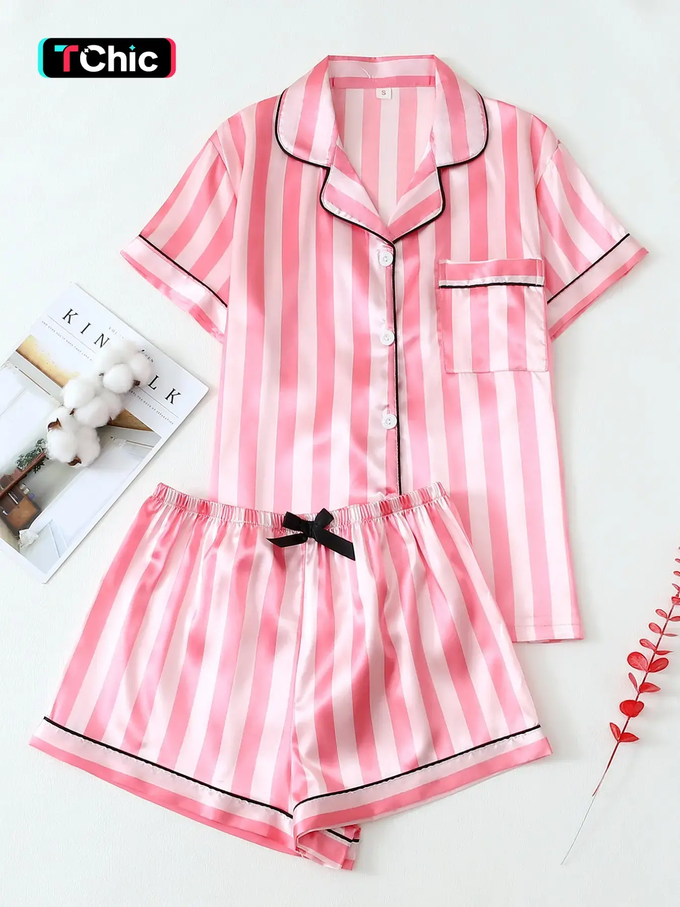 Women's Two-Piece Satin Pajamas Set, Brown Wide Stripe, Short Sleeve Lapel Top & Bow Shorts, Comfortable Loungewear for Spring & Summer