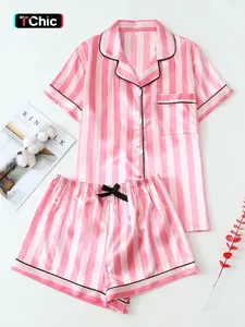 Two-piece Comfortable Satin Brown Big Stripe Spring and Summer Short-sleeved Lapel Top and Bow Shorts Women's Pajamas Set Loungewear Nightwear