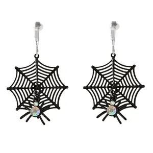 Crystal Spider on Web Silver Clip On Dangling Earrings