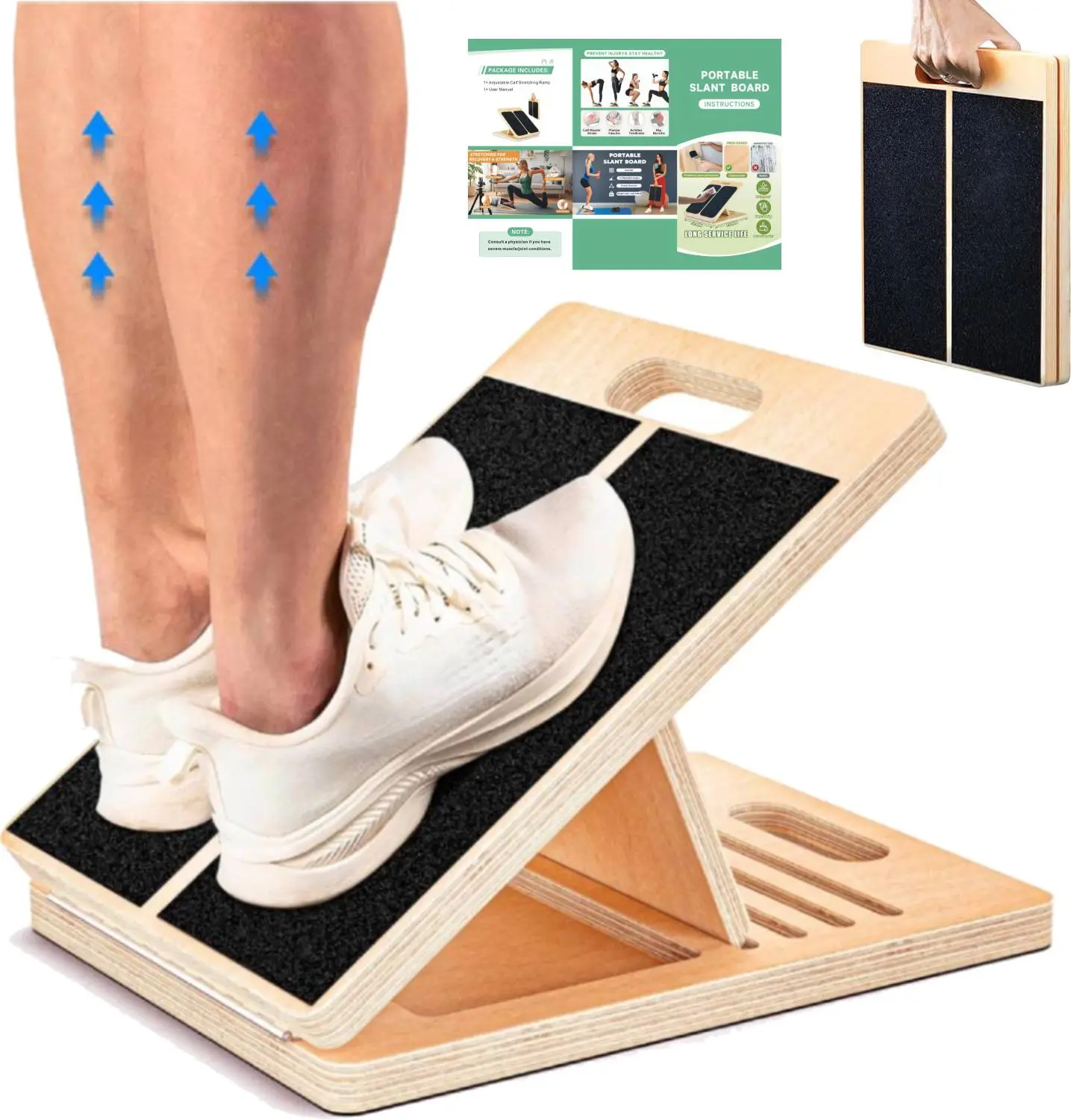 【summerwins】Portable Wooden Slant Board for Calf Stretching Squats Calf Stretcher Pilates Physical Therapy Equipment Adjustable Incline Board for Knees Ankle Heel Feet Leg