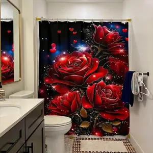 1/4pcs Black shower curtain set with red rose pattern, including shower curtain, toilet seat cover, rectangular mat, and U-shaped mat. Perfect for bathroom décor, beautifying the space. Comes with 12 shower curtain hooks. Shower Essentials