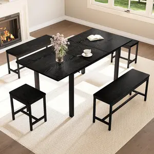 63" Extendable Dining Table Set,5-Piece Kitchen Table Set for 6-8 People with 2 Benches and 2 Stools, Modern Kitchen Table for Small Space, Easy Assembly, Black, Mdf Wood, Seats 6-8