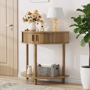 31.5-Inch Grooved Half-Moon Console Table, Farmhouse Sofa Table Behind Couch, Modern Entryway Table, Decorative Table for Living Room, Hallway, Entryway or Foyer Narrow Entry, Walnut