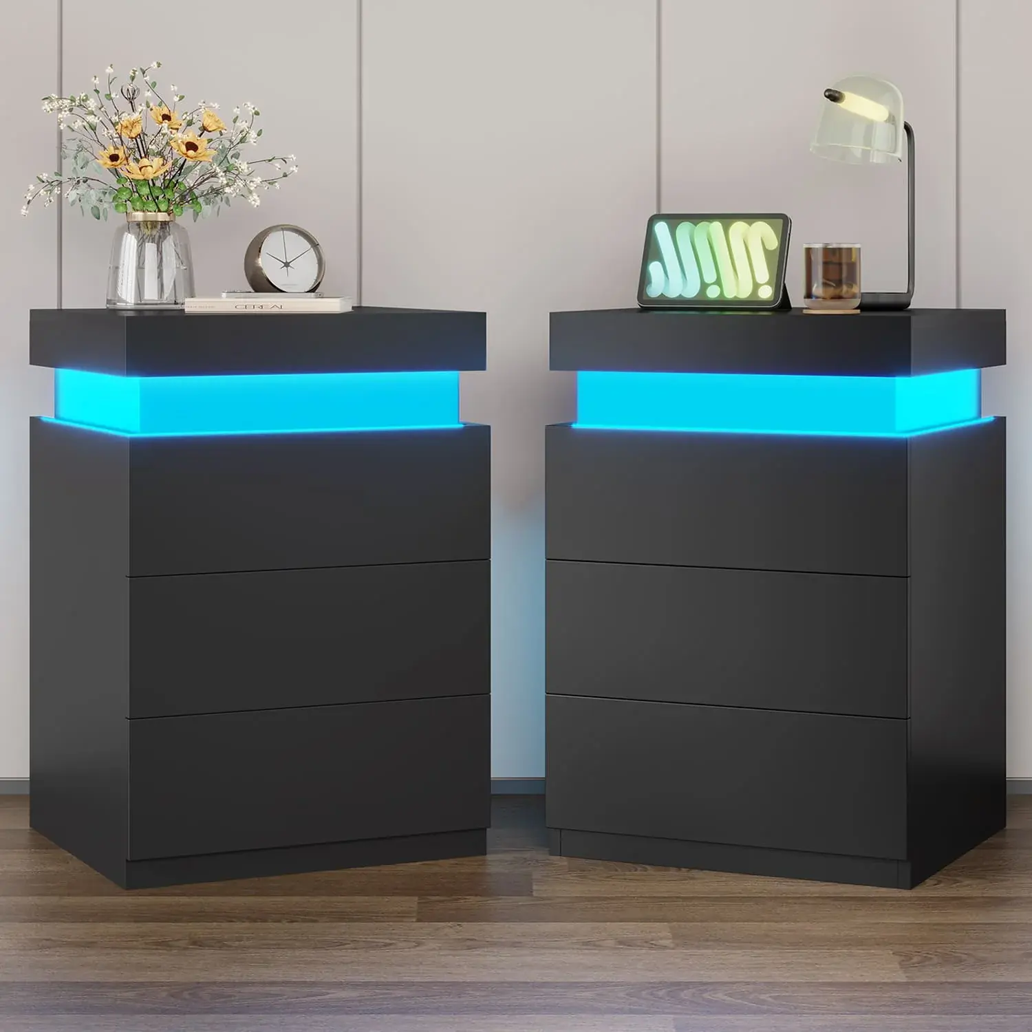 SIKAIC 2-Piece Black LED Narrow Nightstands with Charging Station, Sliding Drawer, Tabletop Design - Modern Accent Pedestal Black Bedroom Furniture for Bedroom, Modern Accent Table