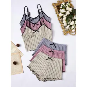 SERACAL  Women's Ribbed Knit Cami Top & Shorts Loungewear Set, Spring Summer Comfortable Home Pajamas