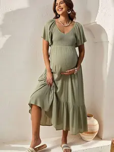 KATHYE Maternity Solid V-Neck Casual Versatile Short Sleeve Dress