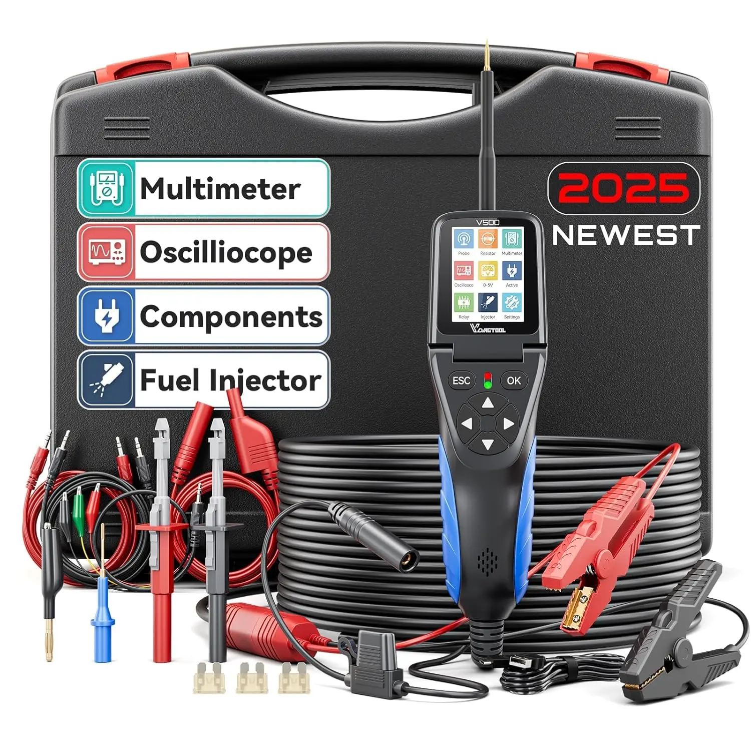 VDIAGTOOL 6-IN-1 Multi-Function Automotive Power Circuit Probe Kit - 9-30V Diagnostic Tool with Multimeter, Oscilloscope, Fuel Injector Checker, Relay Checker, Continuity Tester, Voltage Tester, Foldable Display (Father's Day Gift)