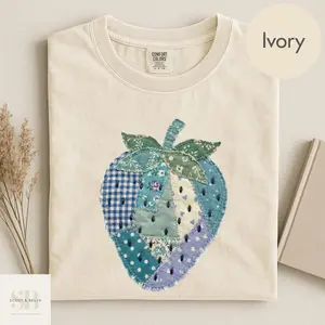 Comfort Colors Strawberry Shirt, Faux Patchwork Quilted Farmhouse Berry Tee, Rustic Cottagecore TShirt, Vintage Style Summer Gift