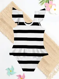 Girls' Fashion Striped Ruffle One-Piece Swimsuit, Sweet Unique Cute Gift, Beach Pool Party Holiday Essential, Casual Outdoor Sportswear
