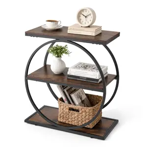 VEVOR 3-Tier Narrow Modern Accent End Table, Open Storage Shelves, Round Metal Frame Wood Nightstand, for Living Room, Bedroom, Rustic Brown, Modern Accent Table