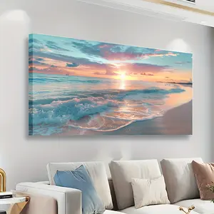 1pcs framed wooden canvas painting, wood frame canvas painting sunrise and beach wall art print for home decoration, living room and bedroom, holiday party decoration, gift, ready to hang