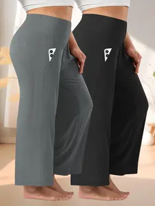 2-Pack Plus Size Women's Solid Color Sporty Long Pants, Breathable High Waist Pockets Wide Leg Yoga Pants, Summer Running Fitness Shorts