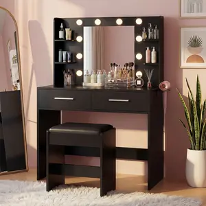 FURMAX Makeup Vanity Set with Lighted Mirror, Makeup Vanity with 2 Drawers, Vanity Desk with Chair for Bedroom & Dressing Room
