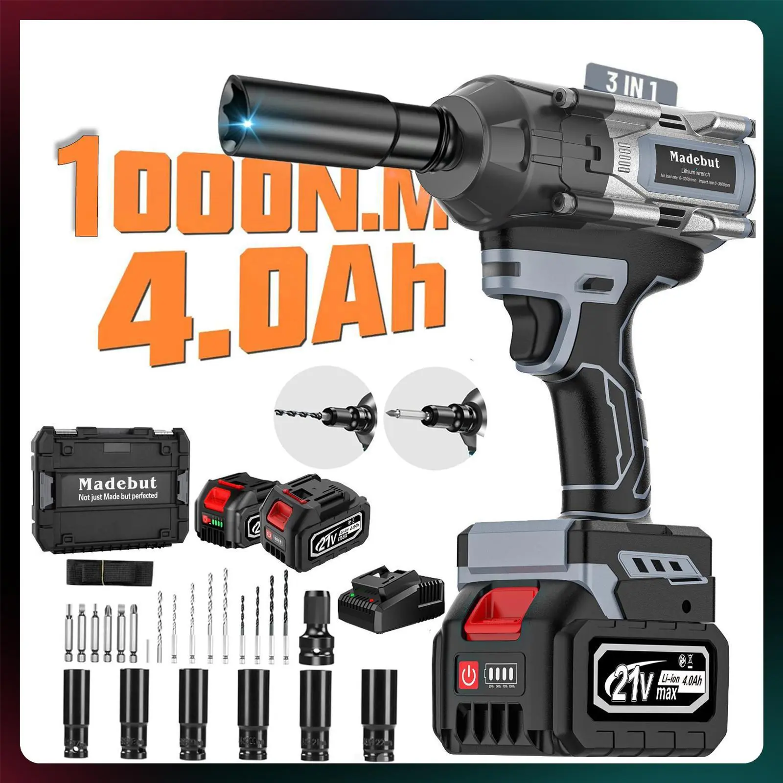 1000N.m Cordless Impact Wrench, All-Metal Cordless Impact Gun with 2 * 4.0Mah, 3-IN-1 Electric Impact Wrench with 5 Sockets Power Tools