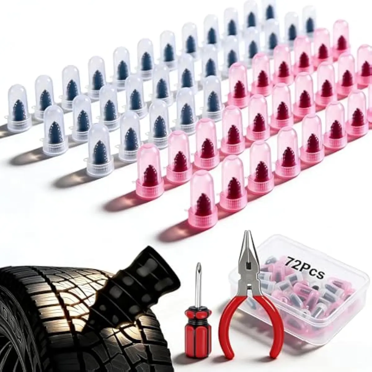 72Pcs Screw in Tire Plugs Kit Tire Repair Rubber Nail Kit Tire Repair Kit Tire Plugs Screw Type Flat Tire Screw Plugs Repair Kit Self Sealing Tire Repair Screws Quick Fix with Screw Tire Plugs Kit