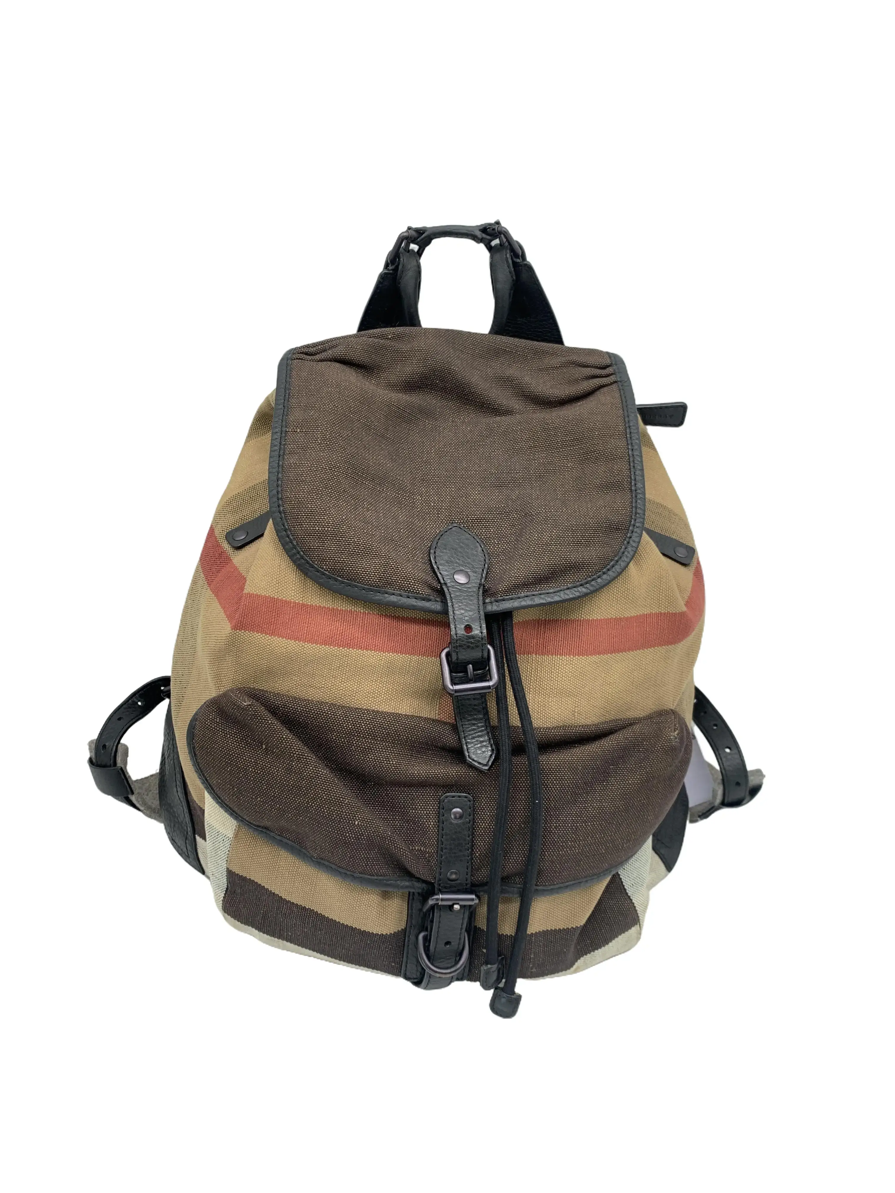 Pre-owned BURBERRY Check‑Canvas & Leather Drawstring Backpack/F3ED11105455