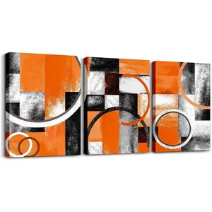 Feelyou Orange Grey and Black Canvas Wall Art - Geometric Circle, Rectangle, Square Abstract Decorative Farmhouse Frames, Rustic Hanging Home Decor for Christmas, Gift, Living Room Decorations, Artwork Wall Arts