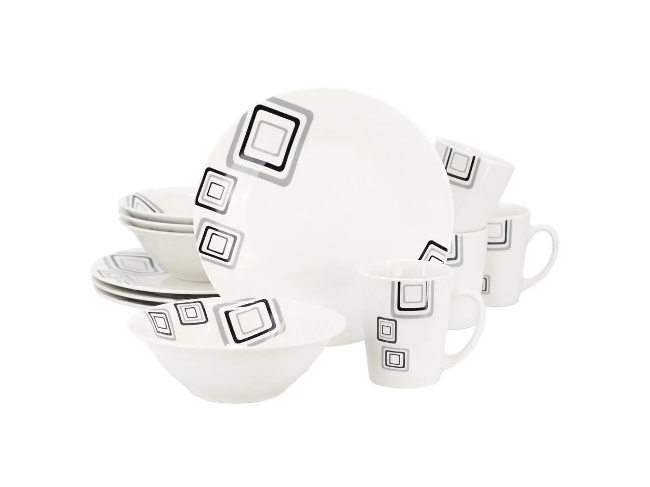Gibson Home Black Squares 12 Piece Round Fine Ceramic Dinnerware Set in White