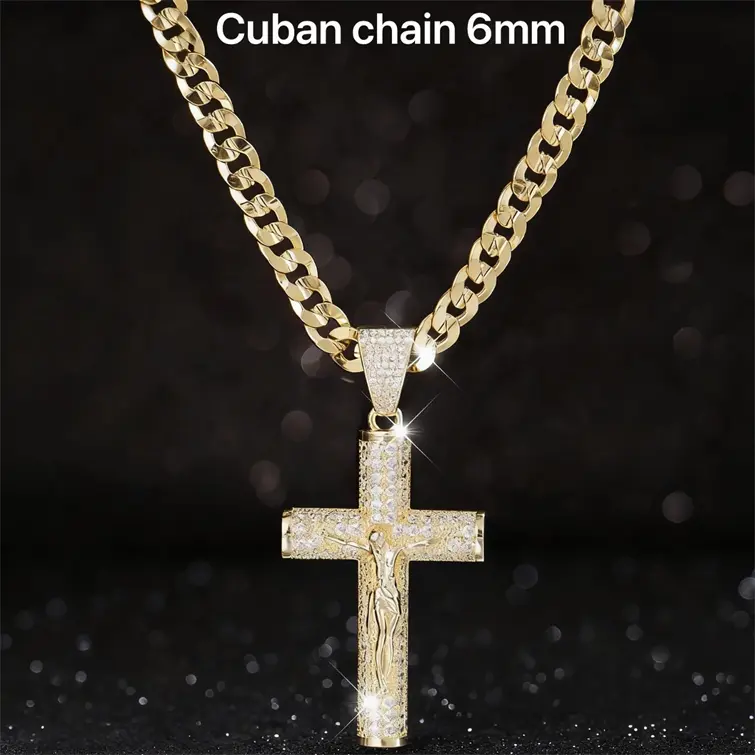 14K Gold Plated Cuban Chain Cross Necklace for Men – Jesus Cross Pendant Christian Faith Necklace 18” 24”
