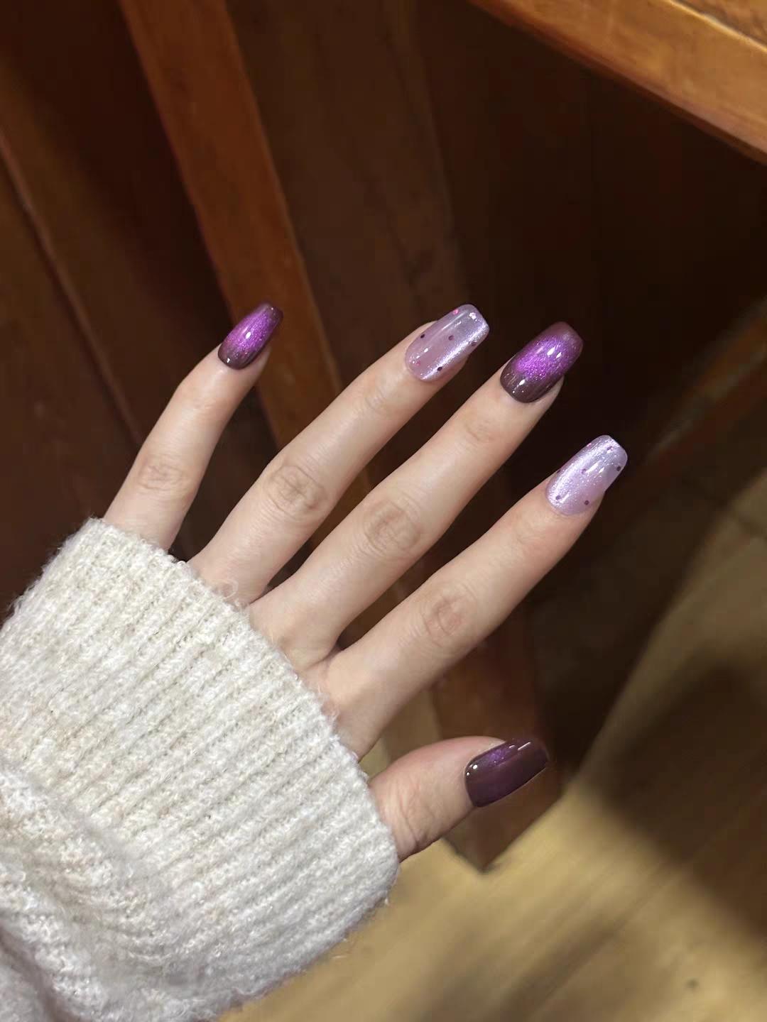 【Lucy UU】Gorgeous Grape Purple Cat Eye Press On Nails With Rhinestone Dots Short Square New Medium Square Shape Handmade Reusable Luxury Fake Nail For Women