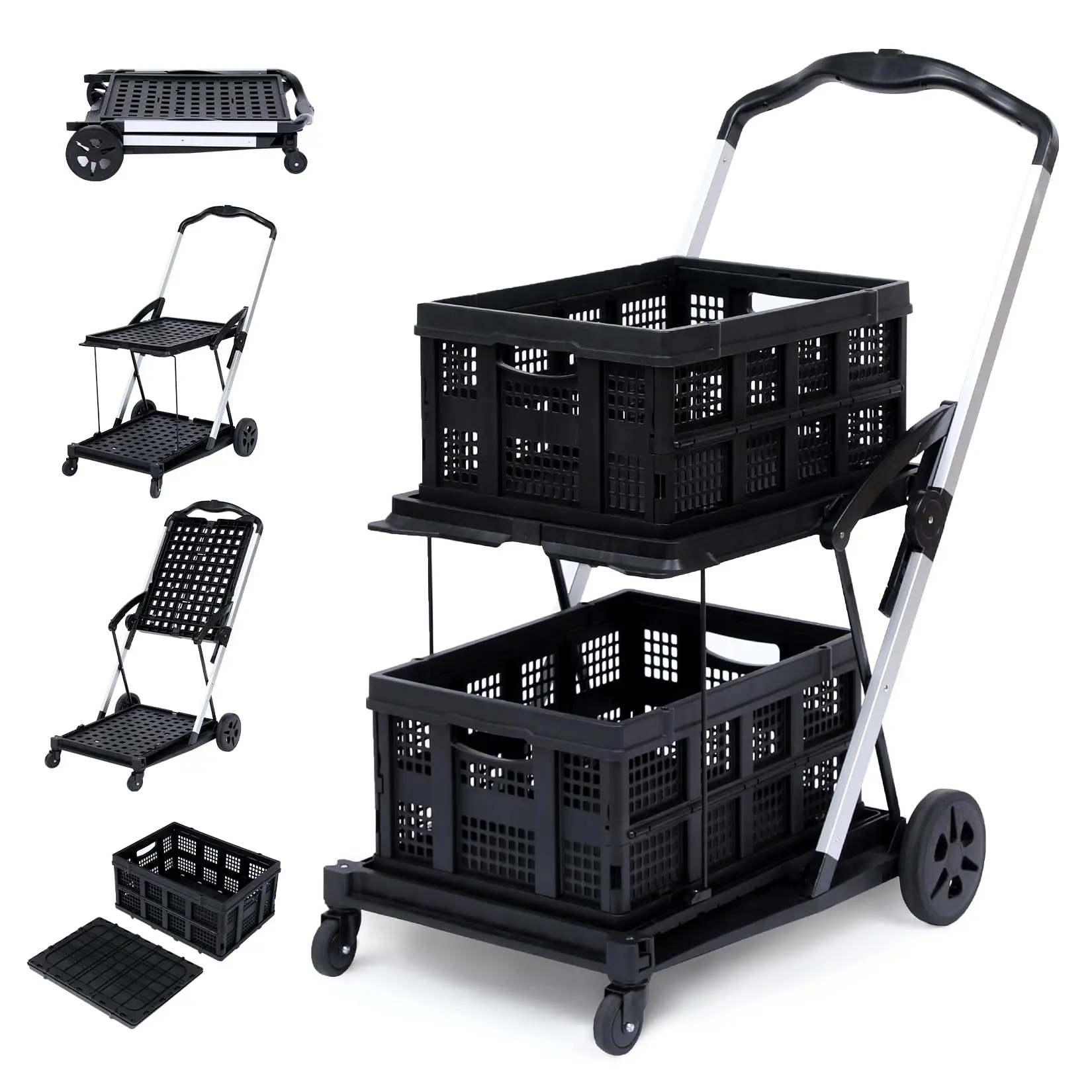 Two Layers Folding Shopping Carts | Multi Use Functional Collapsible Carts with 360 Rolling Swivel Wheels Shopping Cart with Storage Crate | Mothersday Gift Utility Cart for Groceries, Warehouse Portable