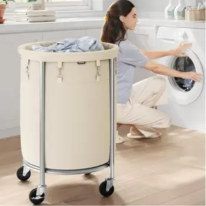 Laundry Basket with Wheels, Rolling Laundry Hamper, Round Laundry Cart with Steel Frame and Removable Bag ,Organiser