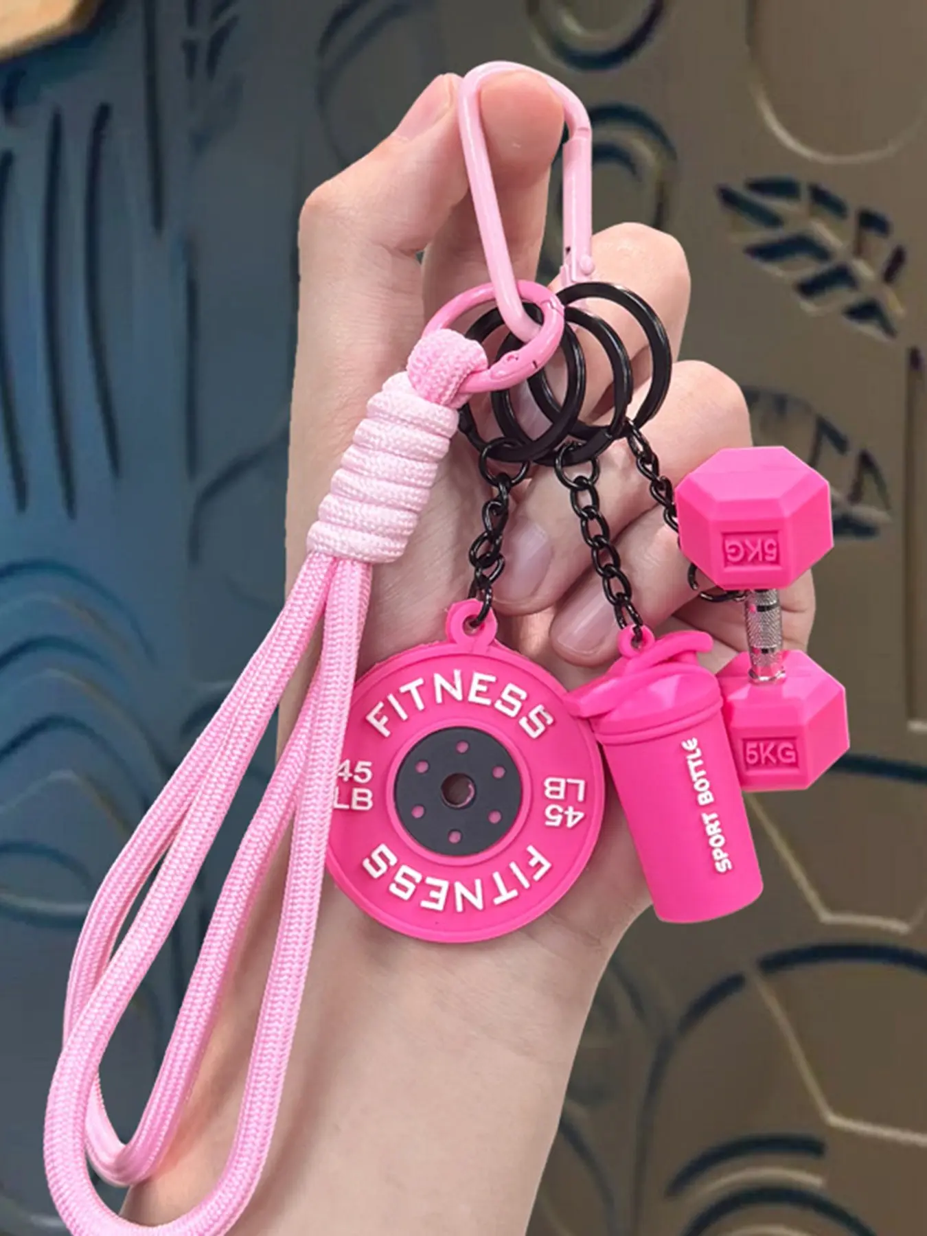 Sporty fitness-themed keychain set, Stylish keychain, Keychain wristlet strap, Keychain For Bags, featuring dumbbell and barbell designs, woven lanyard, lightweight and portable, ideal as a bag accessory or for on-the-go carrying