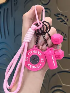 Sporty fitness-themed keychain set, Stylish keychain, Keychain wristlet strap, featuring dumbbell and barbell designs, woven lanyard, lightweight and portable, ideal as a bag accessory or for on-the-go carrying