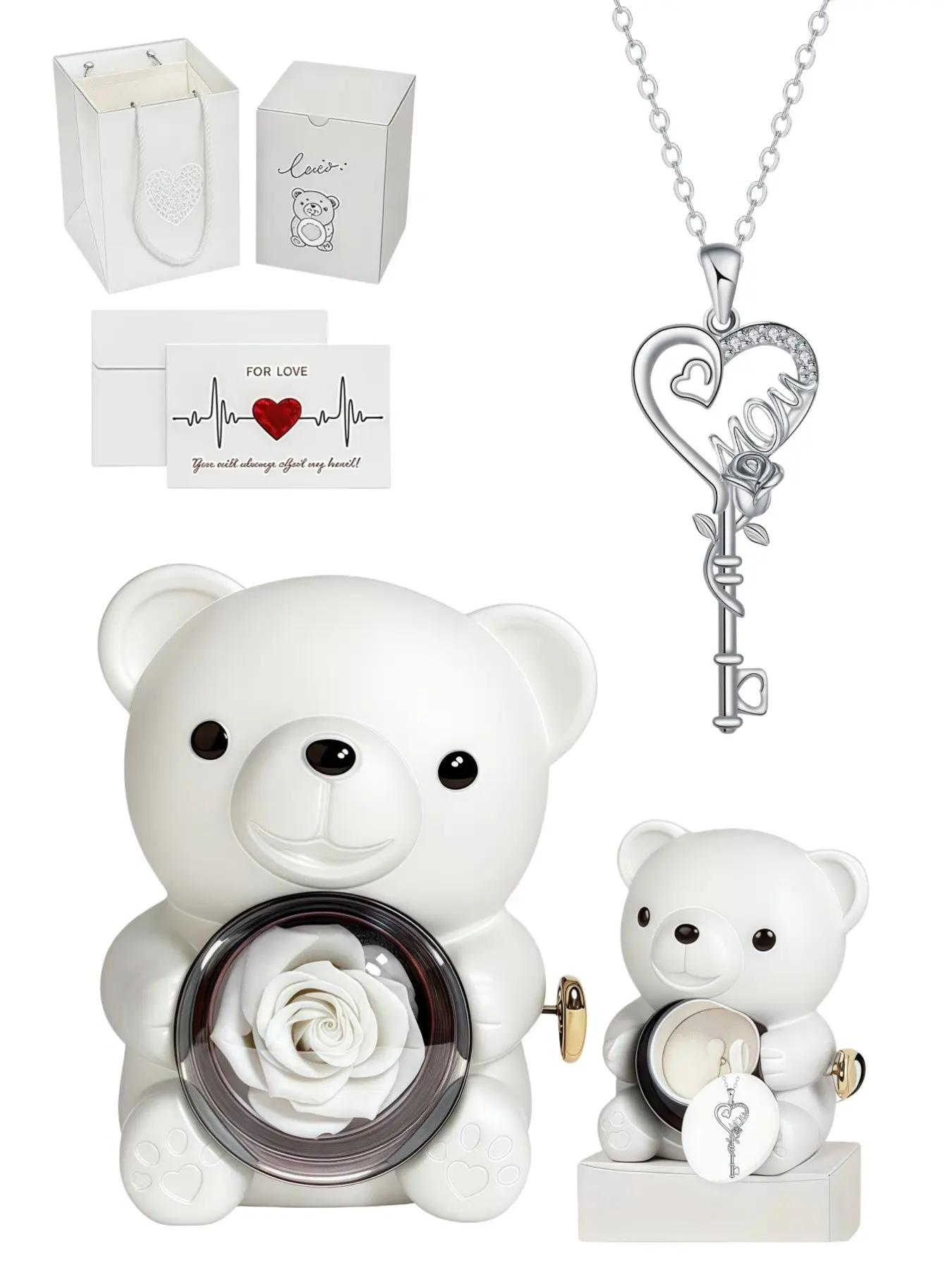 Heart Key Rose, Heart Design Necklace, Maternal Love New original rose & heart-shaped key necklace with "MOM", gem clavicle chain, comes with a lovely rotating rose bear jewelry gift box, perfect gift for birthdays, Mother's Day and Valentine's Day
