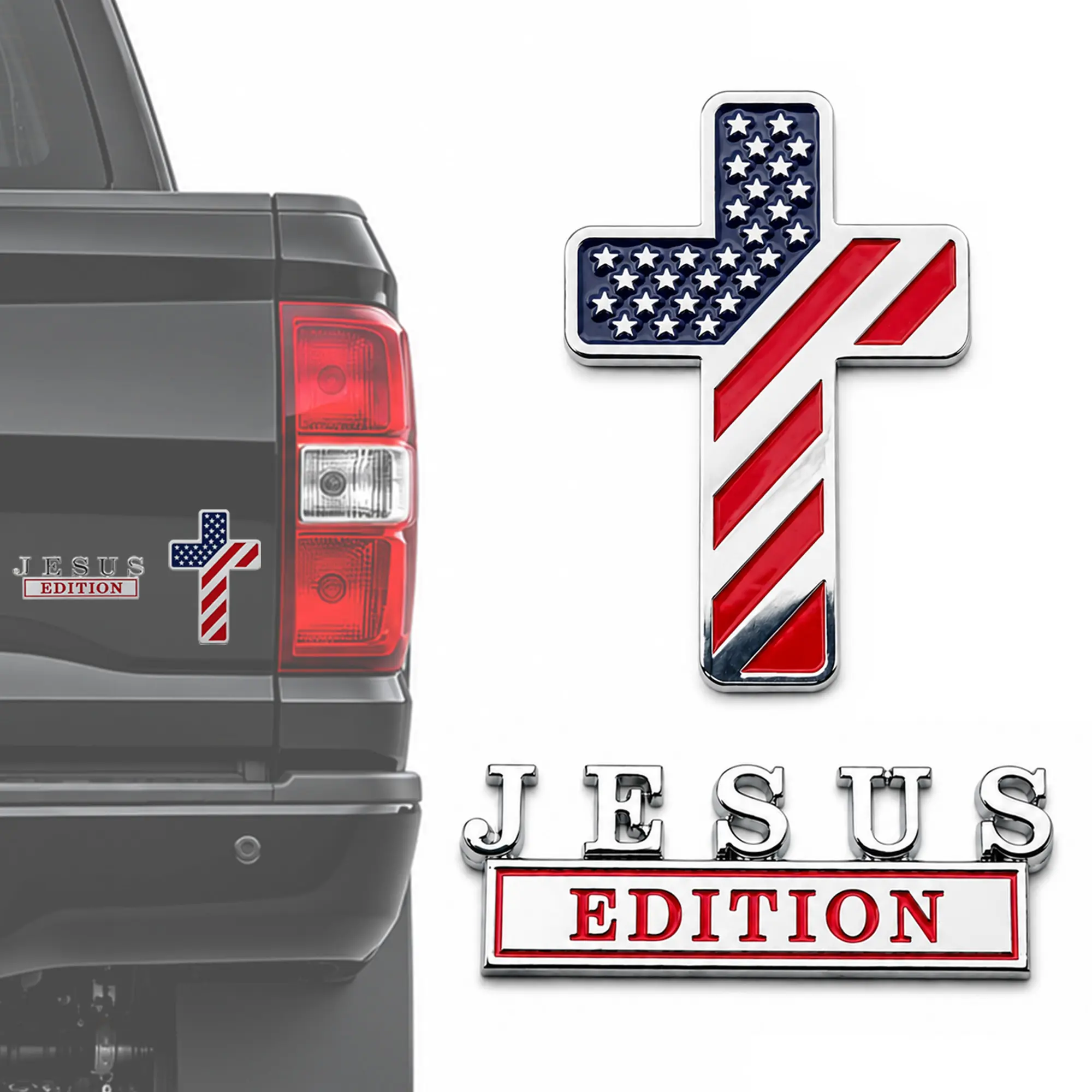 3D Metal Cross Emblem Blessed Jesus Edition - Christian Religion Car Badge with Patriotic Flag Design, Long Wearing for Auto Truck SUV Doors, Great Gift Choice