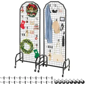 VEVOR 2 Packs Grid Wall Panels, 1.9x 5.4 ft Wire Grid Panels Display Rack, Movable Art Display Shelf with Wheels and 20 Hooks, Black Carbon Steel Gridwall for Craft Show, Decor, Storage, Notice Board