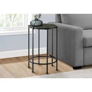 Round side table 24 inches tall with dark bronze laminate top and sleek black metal legs compact space saving design for living room lamp or bedroom nightstand
