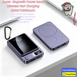 Slim Magnetic Wireless Power Bank, 5000/10000mAh External Battery Pack. Equipped with 22.5W fast charging, PD20W, and 5W/15W wireless charging. Built-in LED digital display, ideal for travel, and works with iPhone 15/14/13/12 series.
