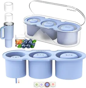 Ice Mold for Stanley Cup 30/40 Oz - Easy Fill and Release Without Touching Ice, Silicone Ice Cube Tray with Clear Lid and Bin for Freezer, Whiskey, Cocktail (Blue)