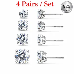 4 Pairs Stud Earrings Set for Women Men, Earring Women, Cubic Zirconia Cartilage Earrings 3/4/5/6mm, 316L Stainless Steel 925 Sterling Silver Post, Hypoallergenic Style Sparkly Stud Earrings, Everyday Jewelry Gift
