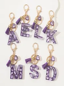 1pc/Initial keychain accessories keyings Original purple shiny heart-shaped diamond 26-letter keychain pendant - Attractive headphone backpack headphone case pendant Bling Bling Keychains Trendy Cute Keychain