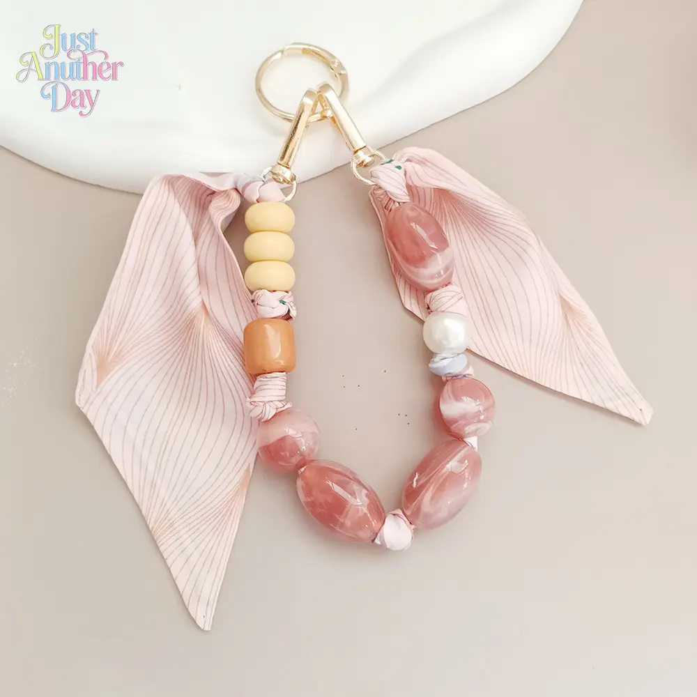 Elegant Scarf Tassel Beaded Keychain Pink Marble and Pearl Design Versatile Wrist Strap for Phones and Bags Great for Coquette and Cottagecore Lovers