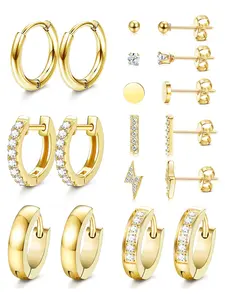 9 Pcs Gentle Golden Silvery Huggie Hoop Stud Earrings Set for Women Men Unisex Stainless Steel Jewelry Sparkling CZ Tiny Ball Details Multiple Ear Piercings Earring Collection Compact Sizes Delicate Silhouettes Diversified Styles Refined Ear Stack Looks