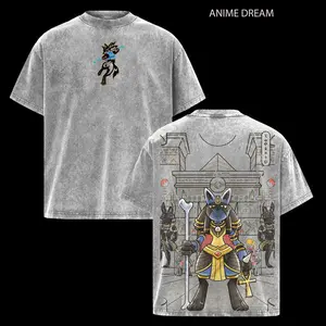 Lucario PKM Anime Double Printed Vintage Washed Tee Unisex Oversize Anime Manga Washed Heavyweight Cotton T-shirt, Gift For Anime Fan, Anime Lover