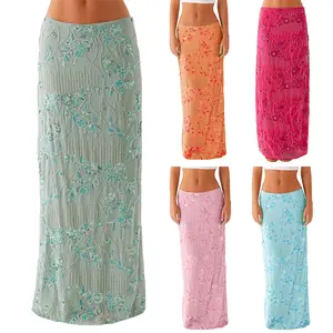 Summer Skirts For Women Casual Elegant Sequin Floral Embroidery Long Skirt For Beach Vacation Club Streetwear