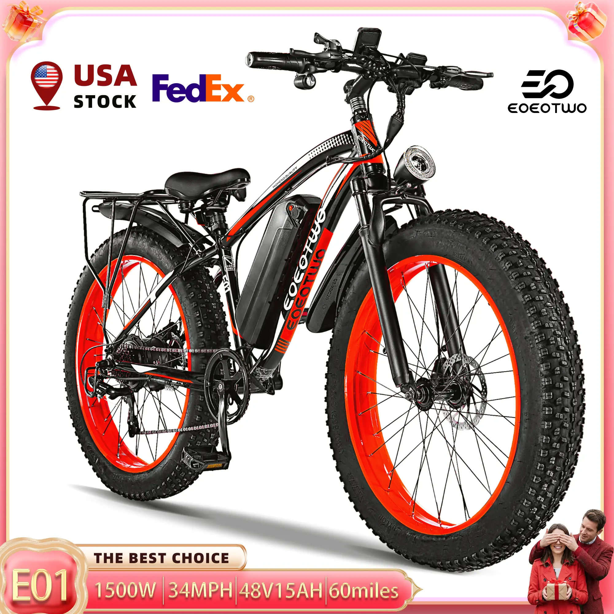 EOEOTWO- (Model E01) – electric bike  1500W Peak Power, All-terrain E-bike with 60-mile（Pedal Assist Mode），26x4-inch , 48V 15Ah  & 34mph Max Speed. Suitable for Road, Sandy, Mountain & Snowy Terrain