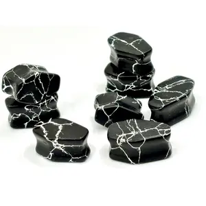 Genuine Zebra Marble Polished Double Flare Coffin Plugs, Halloween Body Piercing Stone Gauges Pair (8mm-20mm)