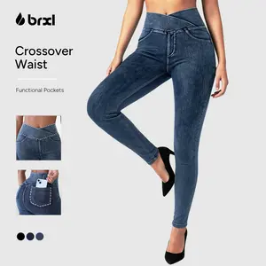 BRXL Women's High-Waisted Crossover Jeggings Stretchy Denim Leggings with Back Pockets V Cross Waist Design for Tummy Control and Flawless Fit #Streetwear #outdoorfun#Summervibes #beachoutfit-1