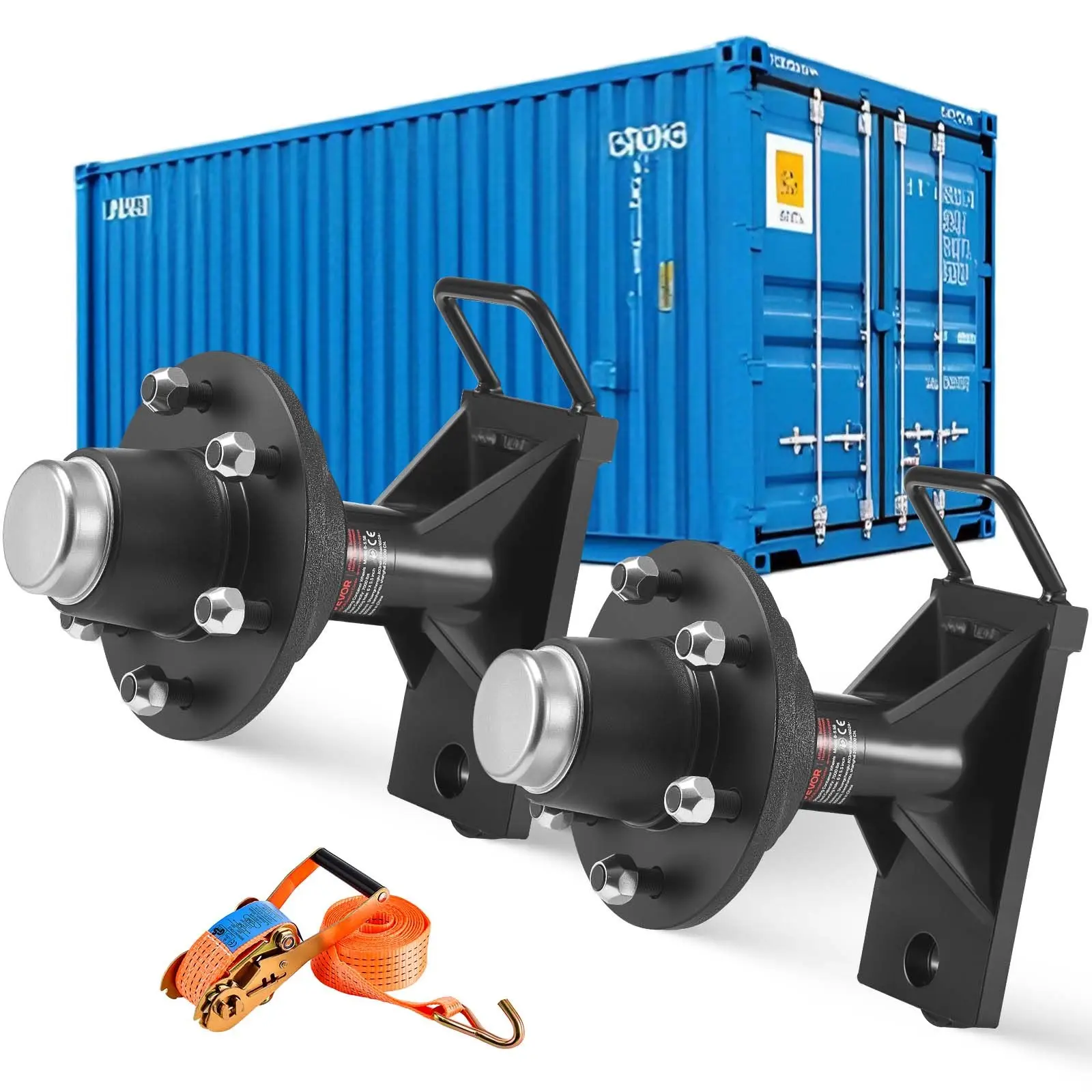 VEVOR Heavy Duty 6-Lug Shipping Container Wheels Kit with Axle, J Hook, Quick Setup, Powder Coated Rust Proof Ratchet Tie Down - Moves 20ft-40ft for Warehouse, Dock Use
