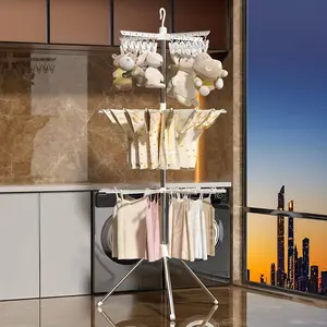 360-Degree rotating multifunctional folding drying rack with towel hook, Adjustable clothing racks, drying rack for balconies, space-saving laundry solution, compact design, durable plastic, laundry storage bag, busy family, city dweller