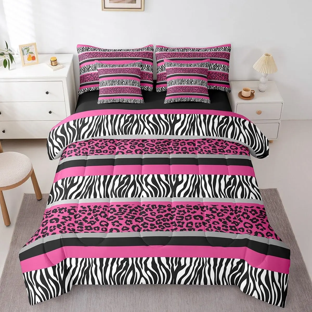 Feelyou King Size 7-PCS Breathable Soft Microfiber Bedspread Set - High Tensile Strength, Zebra Stripes & Leopard Print Faux Fur Comforter, Bed Sheet Bundle for Home Use (Gentle Cycle with Cold Water Safe)