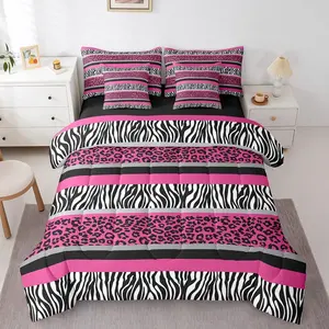 Feelyou 7-PCS Microfiber Bedding Set - Pink, Black and White Zebra & Leopard Print, Faux Fur Texture Comforter with Bed Sheets Set for Bedroom Inspo